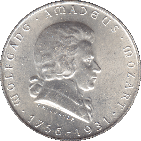 Münze aus Österreich 2 Schilling 1931, Silbermünze Wolfgang Amadeus Mozart (8).png Quadratbild