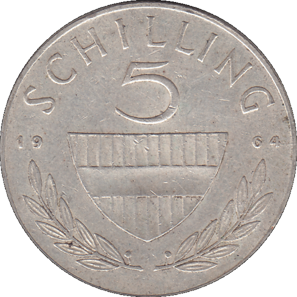 Münze aus Österreich Silber 5 Fünf Schilling 1964, 5,20 Gramm 640er Silber, VS. Reiter in der Levade, RS. Bindenschild und Wert (8).png Quadratbild