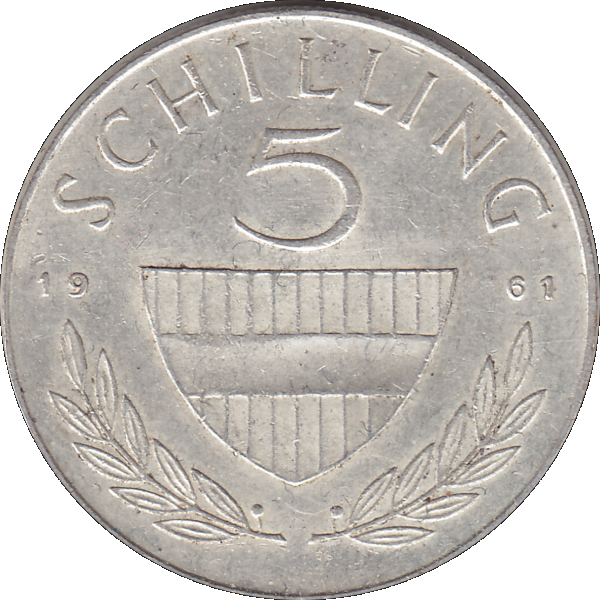 Münze aus Österreich Silber 5 Fünf Schilling 1961, 5,20 Gramm 640er Silber, VS. Reiter in der Levade, RS. Bindenschild und Wert (8).png Quadratbild