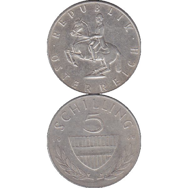 Münze aus Österreich Silber 5 Fünf Schilling 1960-02, 5,20 Gramm 640er Silber, VS. Reiter in der Levade, RS. Bindenschild und Wert (10).png Quadratbild