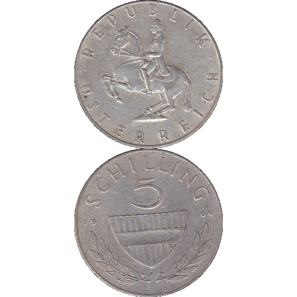 Münze aus Österreich Silber 5 Fünf Schilling 1960, 5,20 Gramm 640er Silber, VS. Reiter in der Levade, RS. Bindenschild und Wert (10).png Quadratbild