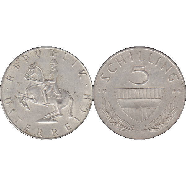 Münze aus Österreich Silber 5 Fünf Schilling 1964, 5,20 Gramm 640er Silber, VS. Reiter in der Levade, RS. Bindenschild und Wert (9).png Quadratbild