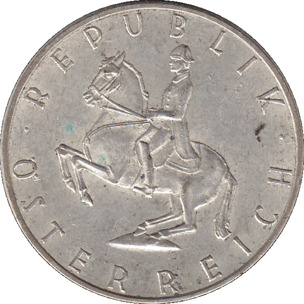 Münze aus Österreich Silber 5 Fünf Schilling 1965, 5,20 Gramm 640er Silber, VS. Reiter in der Levade, RS. Bindenschild und Wert (7).png Quadratbild