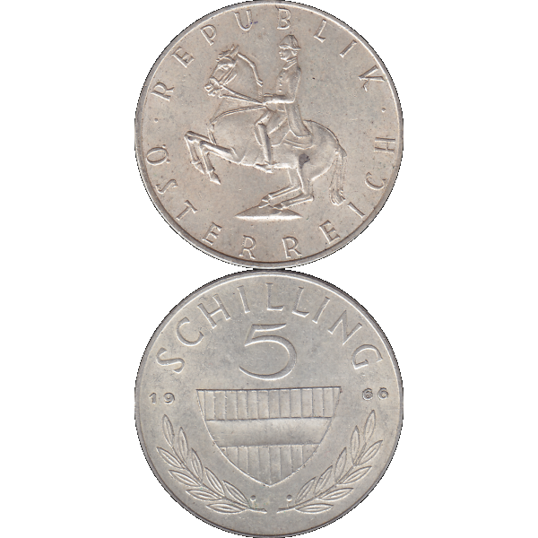 Münze aus Österreich Silber 5 Fünf Schilling 1966, 5,20 Gramm 640er Silber, VS. Reiter in der Levade, RS. Bindenschild und Wert (10).png Quadratbild