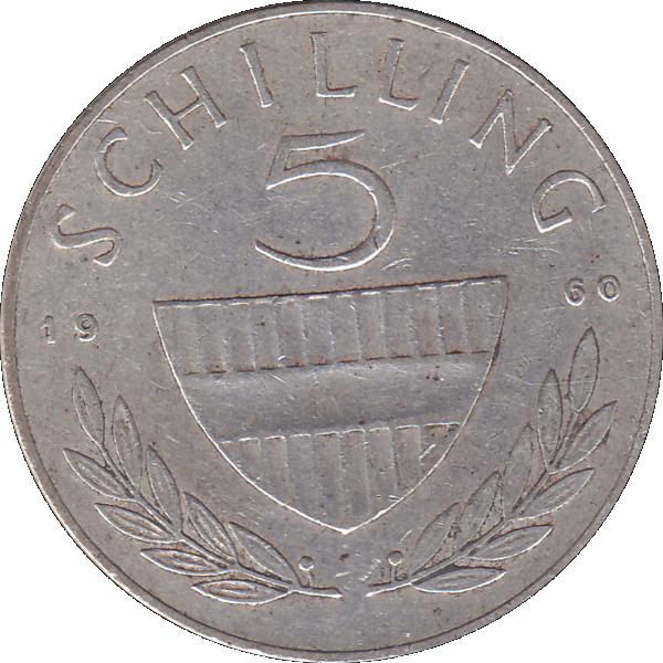 Münze aus Österreich Silber 5 Fünf Schilling 1960, 5,20 Gramm 640er Silber, VS. Reiter in der Levade, RS. Bindenschild und Wert (8).png Quadratbild