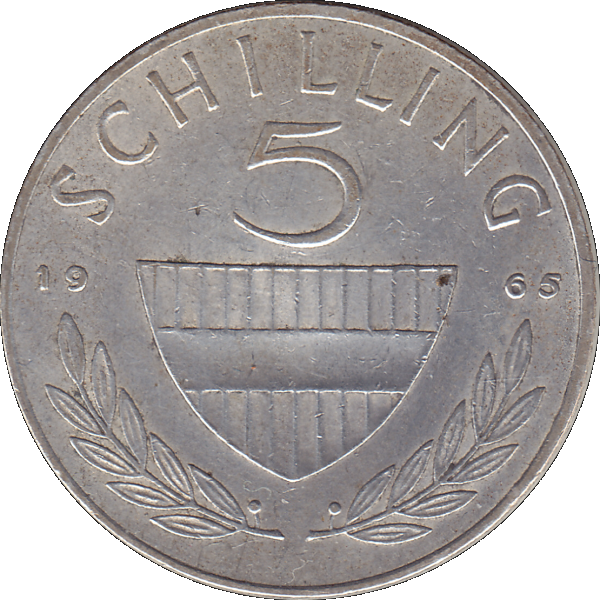 Münze aus Österreich Silber 5 Fünf Schilling 1965, 5,20 Gramm 640er Silber, VS. Reiter in der Levade, RS. Bindenschild und Wert (8).png Quadratbild