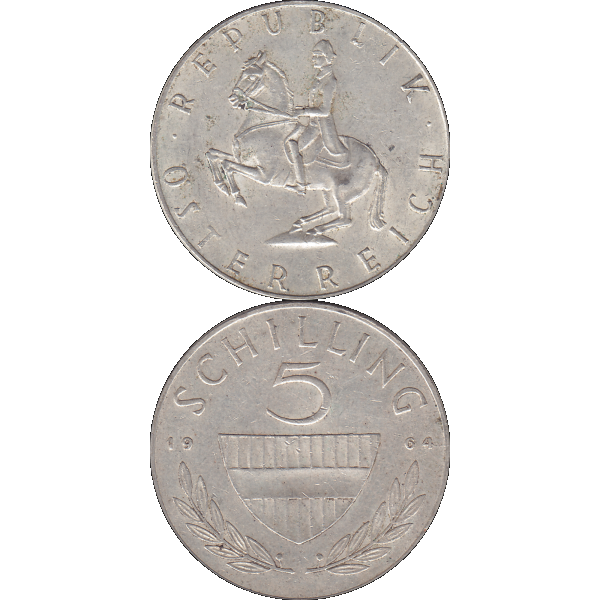Münze aus Österreich Silber 5 Fünf Schilling 1964, 5,20 Gramm 640er Silber, VS. Reiter in der Levade, RS. Bindenschild und Wert (10).png Quadratbild