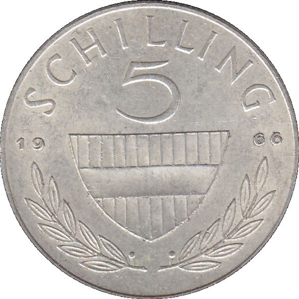 Münze aus Österreich Silber 5 Fünf Schilling 1966, 5,20 Gramm 640er Silber, VS. Reiter in der Levade, RS. Bindenschild und Wert (8).png Quadratbild