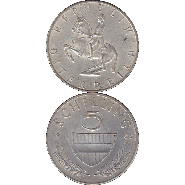 Münze aus Österreich Silber 5 Fünf Schilling 1965, 5,20 Gramm 640er Silber, VS. Reiter in der Levade, RS. Bindenschild und Wert (10).png Quadratbild