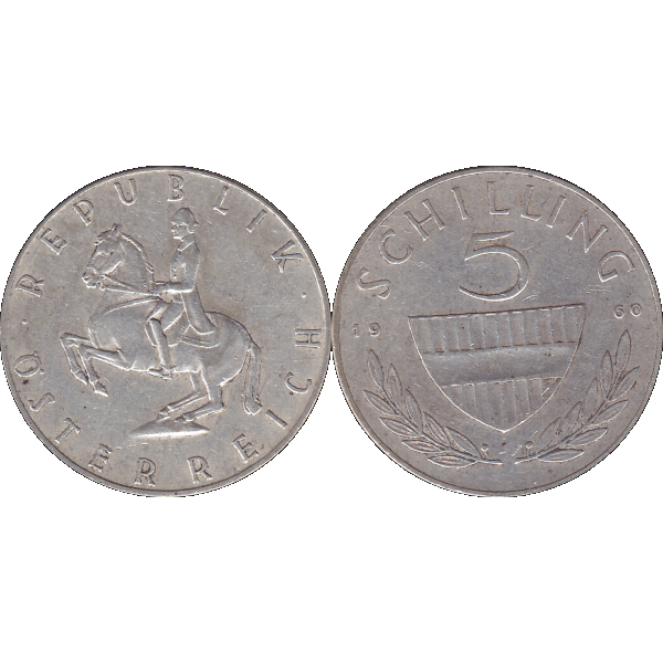 Münze aus Österreich Silber 5 Fünf Schilling 1960, 5,20 Gramm 640er Silber, VS. Reiter in der Levade, RS. Bindenschild und Wert (9).png Quadratbild