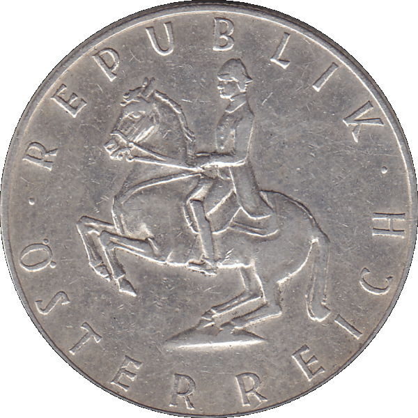 Münze aus Österreich Silber 5 Fünf Schilling 1960-02, 5,20 Gramm 640er Silber, VS. Reiter in der Levade, RS. Bindenschild und Wert (7).png Quadratbild