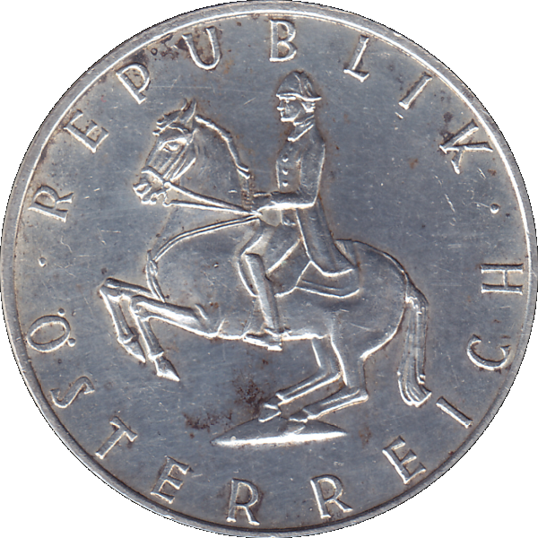 Münze aus Österreich Silber 5 Fünf Schilling 1967, 5,20 Gramm 640er Silber, VS. Reiter in der Levade, RS. Bindenschild und Wert (7).png Quadratbild