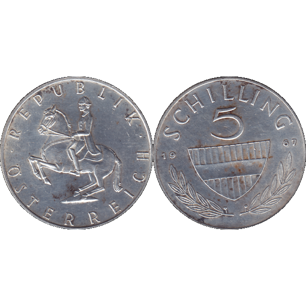 Münze aus Österreich Silber 5 Fünf Schilling 1967, 5,20 Gramm 640er Silber, VS. Reiter in der Levade, RS. Bindenschild und Wert (9).png Quadratbild