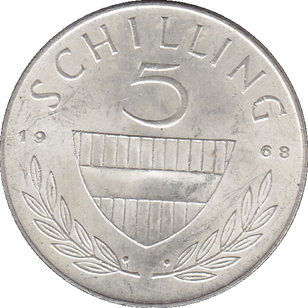 Münze aus Österreich Silber 5 Fünf Schilling 1968, 5,20 Gramm 640er Silber, VS. Reiter in der Levade, RS. Bindenschild und Wert (8).png Quadratbild
