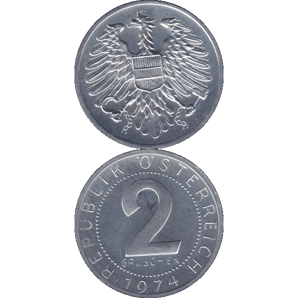 Münze aus Österreich 2 Groschen 1974, Farbe-Color, Vorderseite und Rückseite untereinander.png Quadratbild
