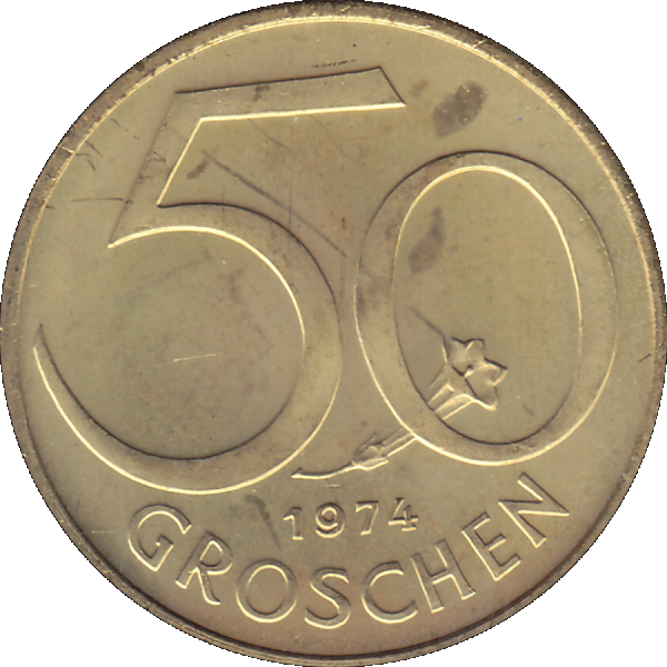 Münze aus Österreich 50 Groschen 1974, Farbe-Color, Rückseite mit Wert.png Quadratbild