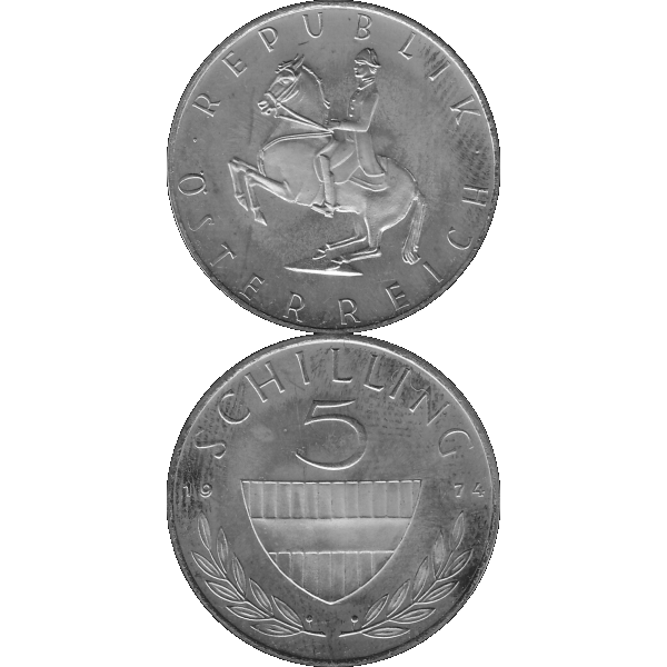 Münze aus Österreich 5 Schilling 1974, Graustufen Vorderseite und Rückseite untereinander.png Quadratbild