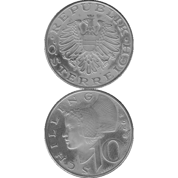 Münze aus Österreich 10 Schilling 1974, Graustufen Vorderseite und Rückseite untereinander.png Quadratbild