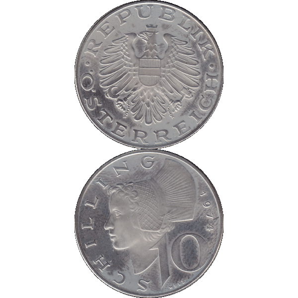 Münze aus Österreich 10 Schilling 1974, Farbe-Color, Vorderseite und Rückseite untereinander.png Quadratbild