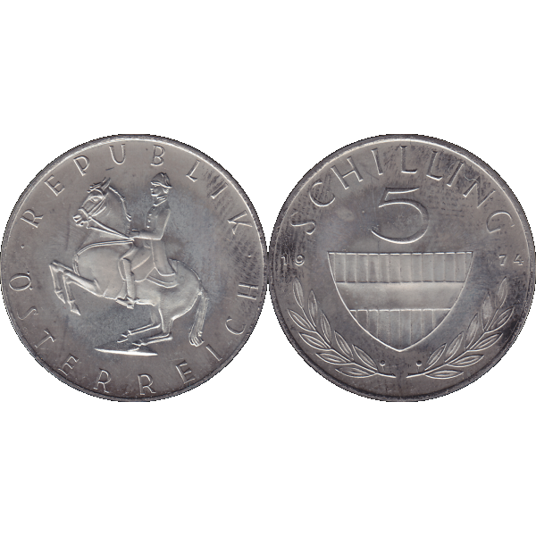 Münze aus Österreich 5 Schilling 1974, Farbe-Color, Vorderseite und Rückseite nebeneinander.png Quadratbild