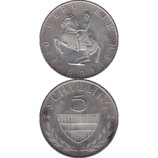 Münze aus Österreich 5 Schilling 1974, Farbe-Color, Vorderseite und Rückseite untereinander.png Quadratbild