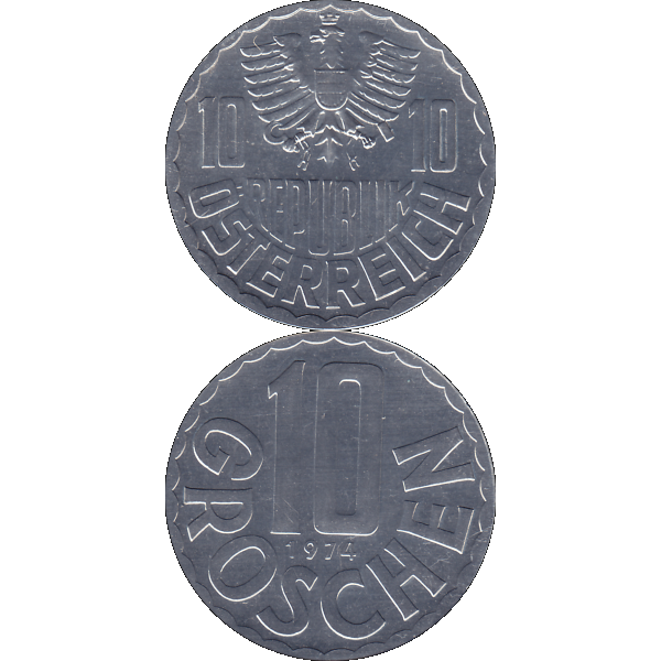 Münze aus Österreich 10 Groschen 1974, Farbe-Color, Vorderseite und Rückseite untereinander.png Quadratbild