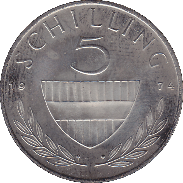 Münze aus Österreich 5 Schilling 1974, Farbe-Color, Rückseite mit Wert.png Quadratbild