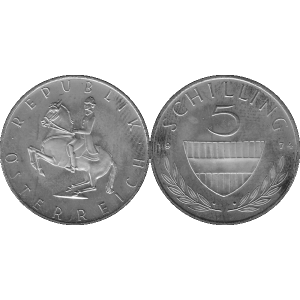 Münze aus Österreich 5 Schilling 1974, Graustufen Vorderseite und Rückseite nebeneinander.png Quadratbild