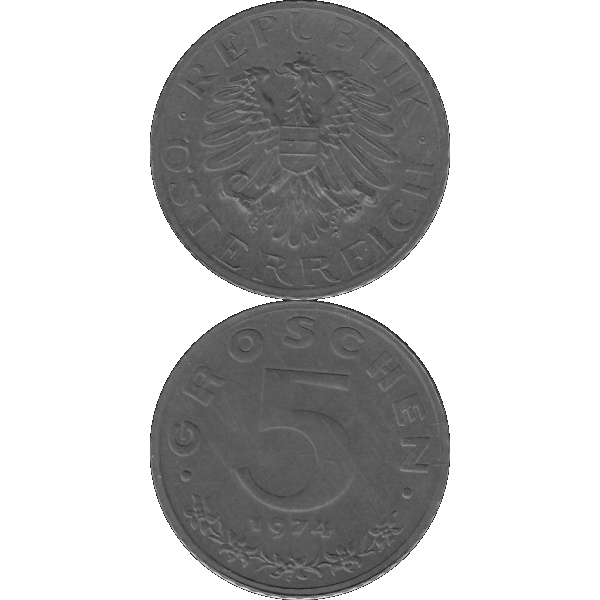 Münze aus Österreich 5 Groschen 1974, Graustufen Vorderseite und Rückseite untereinander.png Quadratbild