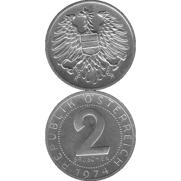 Münze aus Österreich 2 Groschen 1974, Graustufen Vorderseite und Rückseite untereinander.png Quadratbild