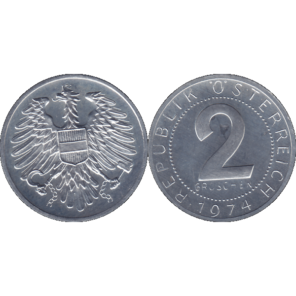 Münze aus Österreich 2 Groschen 1974, Farbe-Color, Vorderseite und Rückseite nebeneinander.png Quadratbild