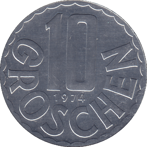 Münze aus Österreich 10 Groschen 1974, Farbe-Color, Rückseite mit Wert.png Quadratbild