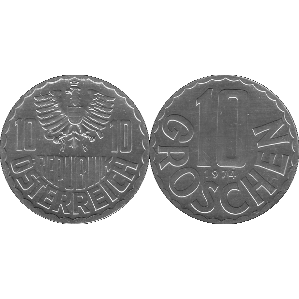 Münze aus Österreich 10 Groschen 1974, Graustufen Vorderseite und Rückseite nebeneinander.png Quadratbild