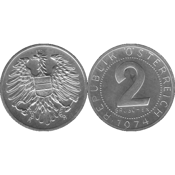Münze aus Österreich 2 Groschen 1974, Graustufen Vorderseite und Rückseite nebeneinander.png Quadratbild