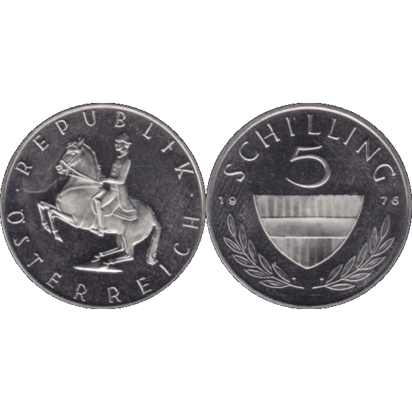 Münze aus Österreich 5 Schilling 1976, Farbe-Color, Vorderseite und Rückseite nebeneinander.png Quadratbild