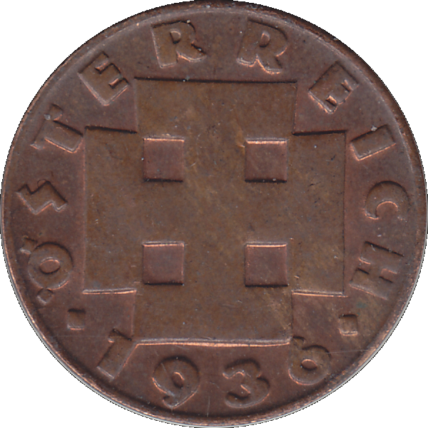 Münze aus Österreich 2 Zwei Groschen 1936, Kruckenkreuz Farbe-Color Vorderseite.png Quadratbild
