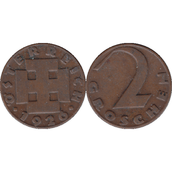 Münze aus Österreich 2 Zwei Groschen 1926, Krückenkreuz Farbe-Color, Vorderseite und Rückseite nebeneinander.png Quadratbild