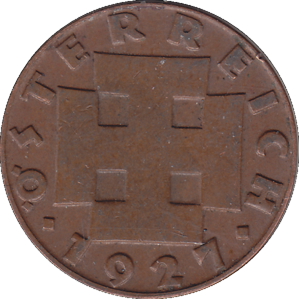 Münze aus Österreich 2 Zwei Groschen 1927, Krückenkreuz Farbe-Color Vorderseite.png Quadratbild