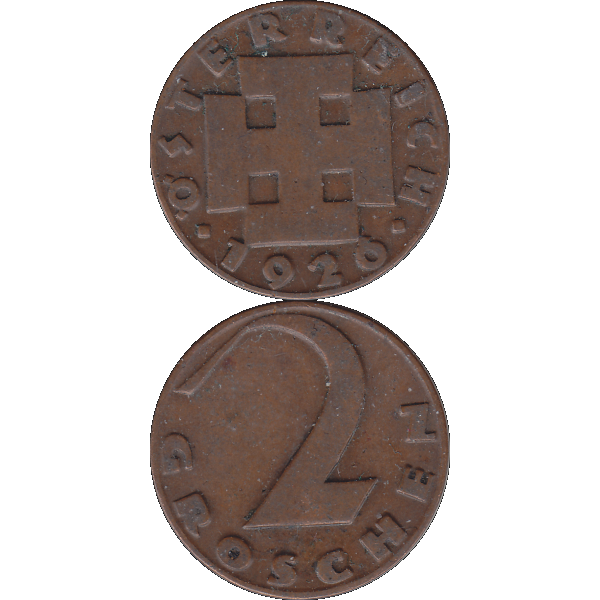 Münze aus Österreich 2 Zwei Groschen 1926, Krückenkreuz Farbe-Color, Vorderseite und Rückseite untereinander.png Quadratbild