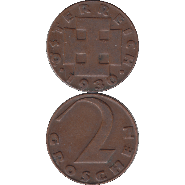 Münze aus Österreich 2 Zwei Groschen 1930, Kruckenkreuz Farbe-Color, Vorderseite und Rückseite untereinander.png Quadratbild