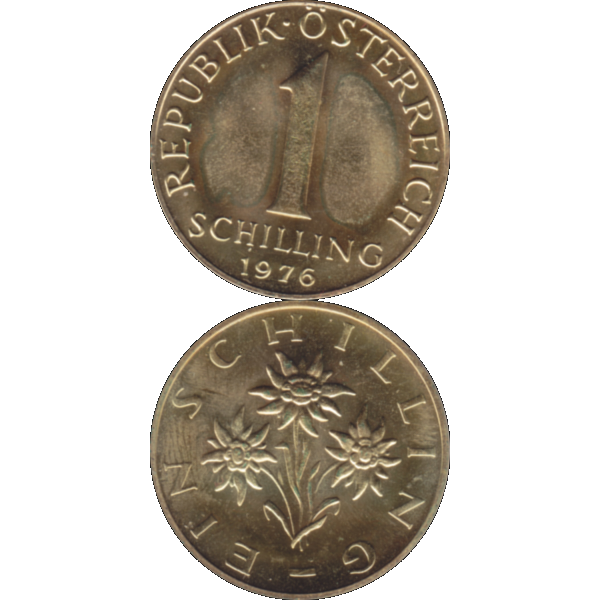 Münze aus Österreich 1 Schilling 1976, Farbe-Color, Vorderseite und Rückseite untereinander.png Quadratbild