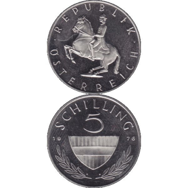 Münze aus Österreich 5 Schilling 1976, Farbe-Color, Vorderseite und Rückseite untereinander.png Quadratbild
