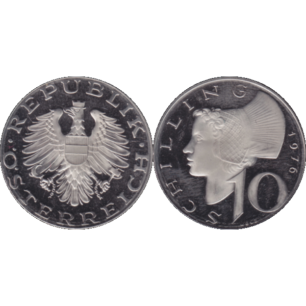 Münze aus Österreich 10 Schilling 1976, Farbe-Color, Vorderseite und Rückseite nebeneinander.png Quadratbild