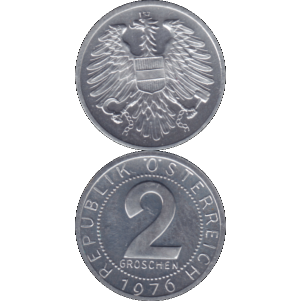 Münze aus Österreich 2 Groschen 1976, Farbe-Color, Vorderseite und Rückseite untereinander.png Quadratbild