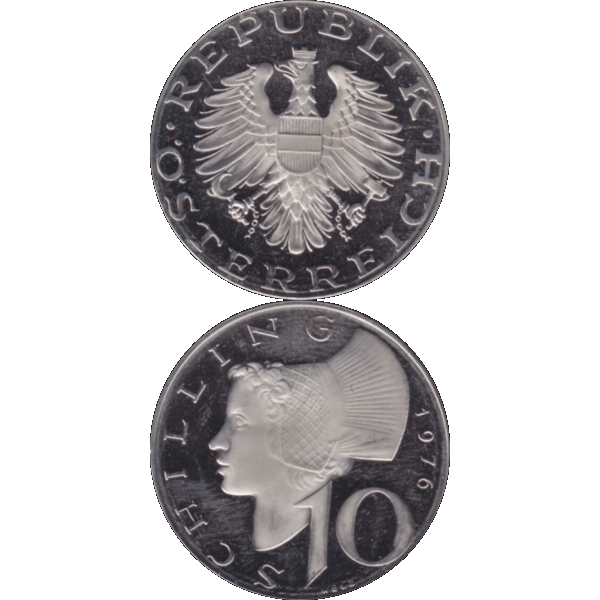 Münze aus Österreich 10 Schilling 1976, Farbe-Color, Vorderseite und Rückseite untereinander.png Quadratbild