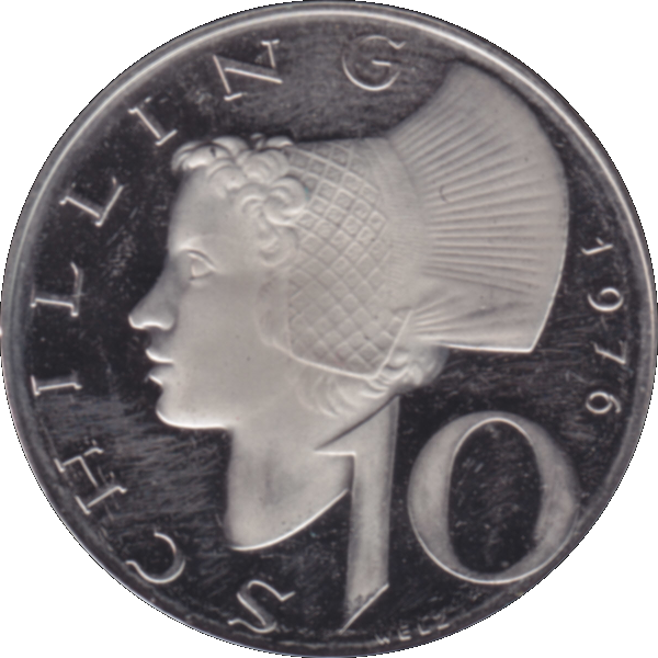 Münze aus Österreich 10 Schilling 1976, Farbe-Color, Rückseite mit Wert.png Quadratbild