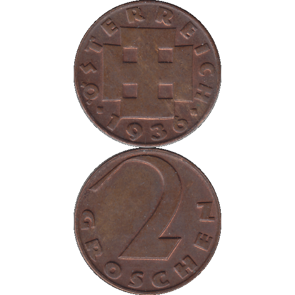 Münze aus Österreich 2 Zwei Groschen 1936, Kruckenkreuz Farbe-Color, Vorderseite und Rückseite untereinander.png Quadratbild