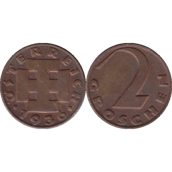 Münze aus Österreich 2 Zwei Groschen 1936, Kruckenkreuz Farbe-Color, Vorderseite und Rückseite nebeneinander.png Quadratbild