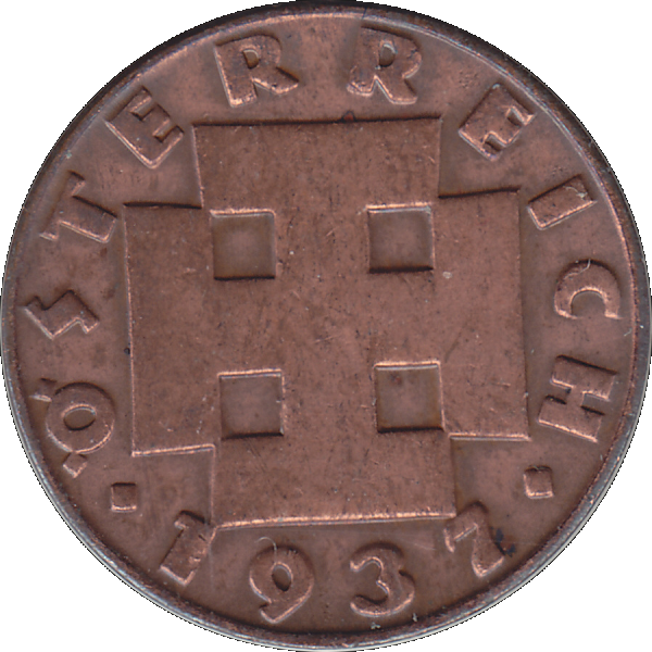 Münze aus Österreich 2 Zwei Groschen 1937, Kruckenkreuz Farbe-Color Vorderseite.png Quadratbild