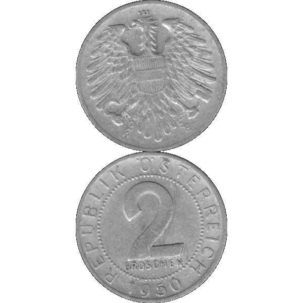 Münze aus Österreich 2 Groschen 1950, Graustufen Vorderseite und Rückseite untereinander.png Quadratbild